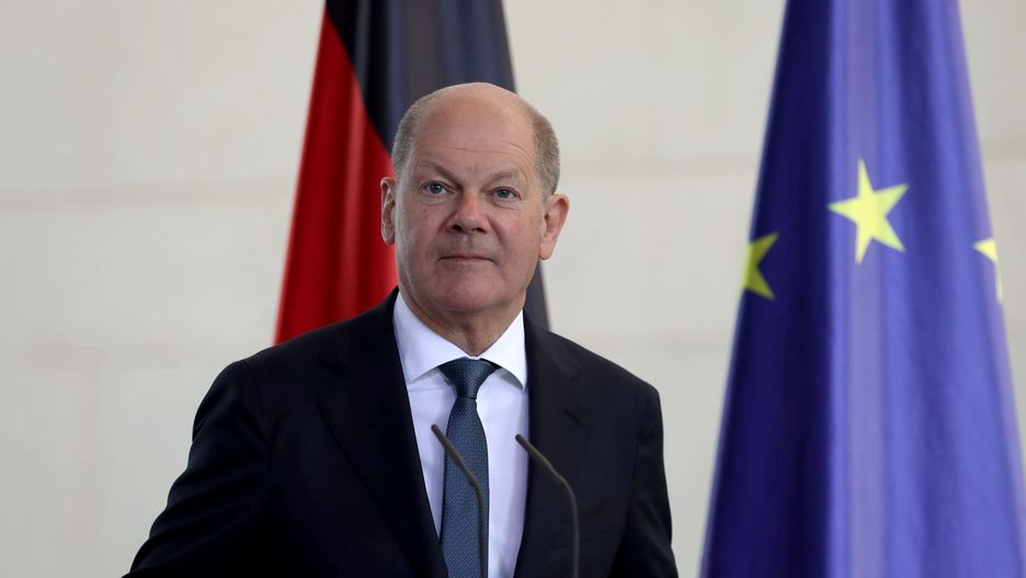 BERLIN, GERMANY - MAY 14: Germany's chancellor Olaf Scholz and Ukrainian President Volodymyr Zelenskyy (not seen) hold a joint press conference after their meeting in Berlin, Germany on May 14, 2023. (Photo by Cuneyt Karadag/Anadolu Agency via Getty Images)