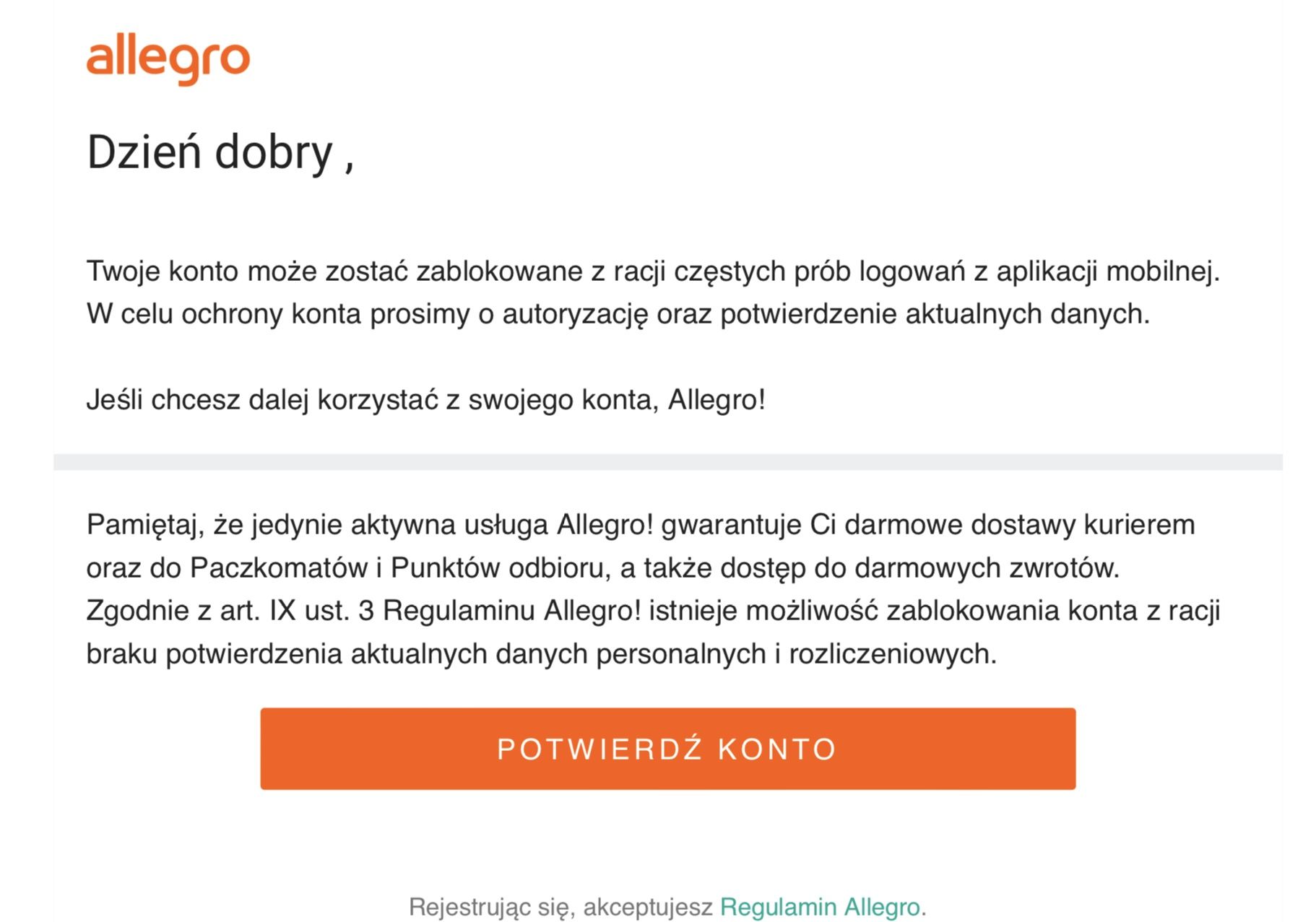Fałszywa wiadomość "od Allegro"
