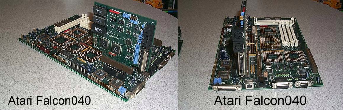 Wczesny prototyp Falcona z procesorem Motorola 68040. Falcon w postaci kart, wpięty do uniwersalnej płyty wyposażonej w standardowe układy Atari Falcona 030.