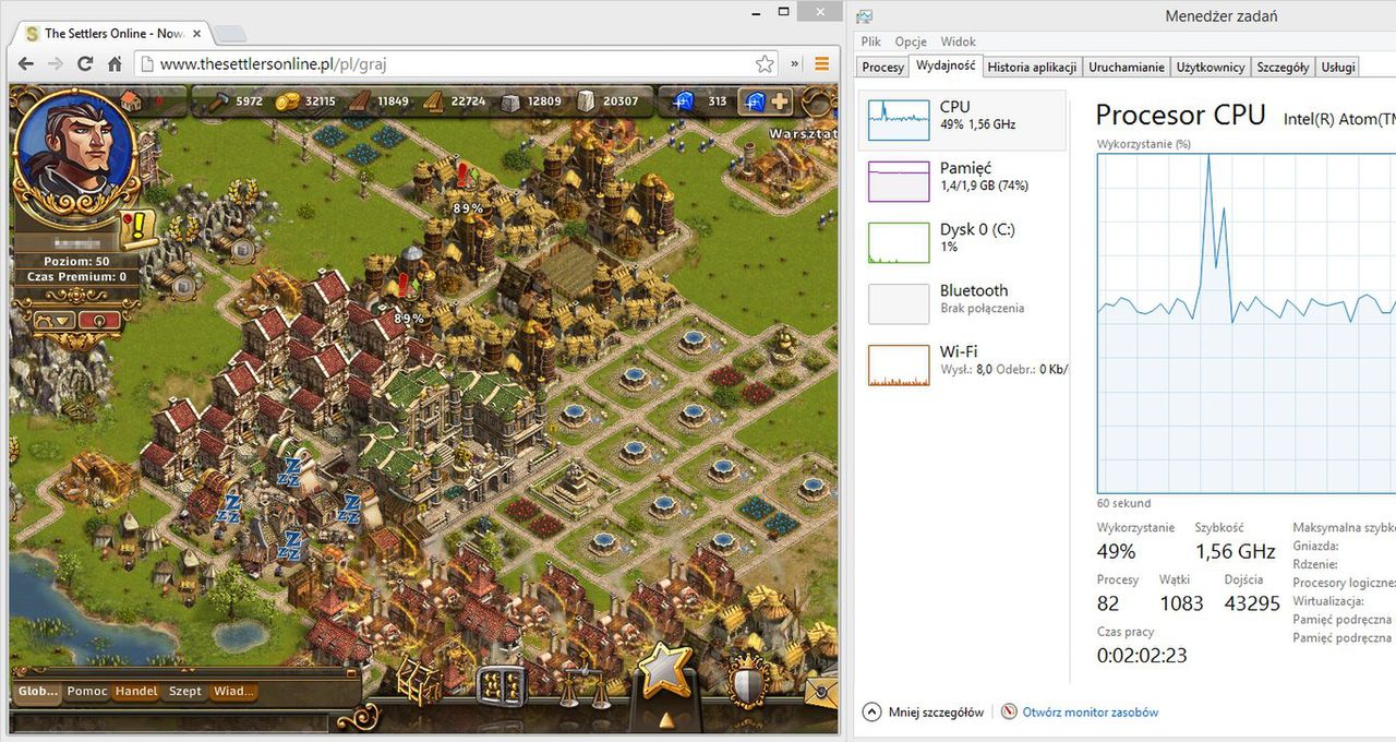 settlersonline gra we flashu wykorzystuje ok 50 % mocy procesora ale tablet wciąż jest responsywny i można na nim robić w tle jeszcze wiele innych rzeczy