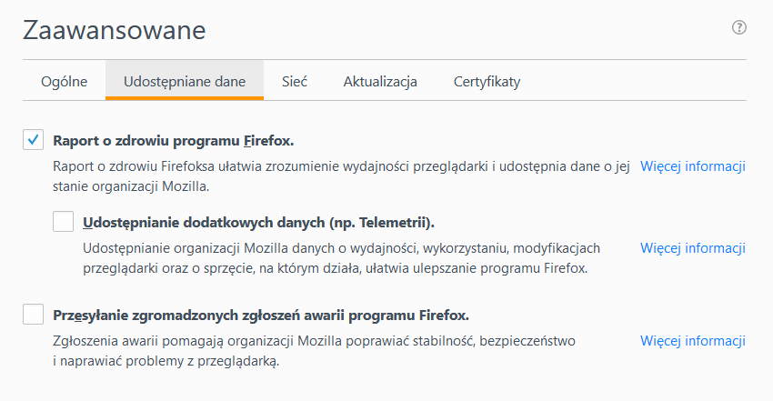 W aktualnym stabilnym wydaniu Firefoksa, telemetria jest domyślnie wyłączona