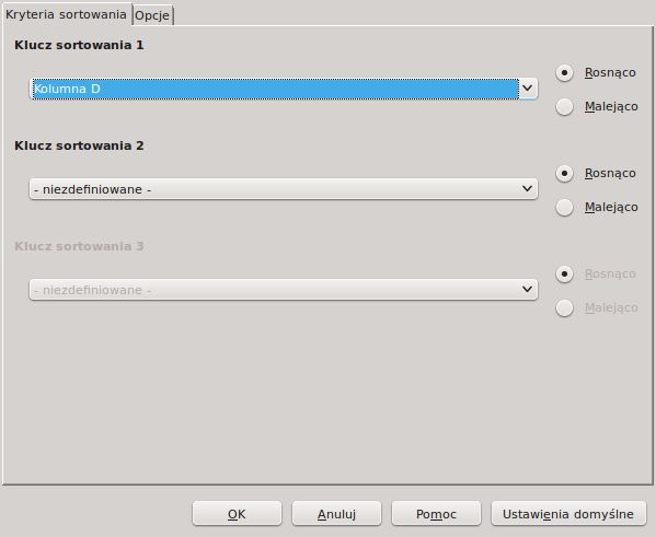Sortowanie kolumny D, rosnąco