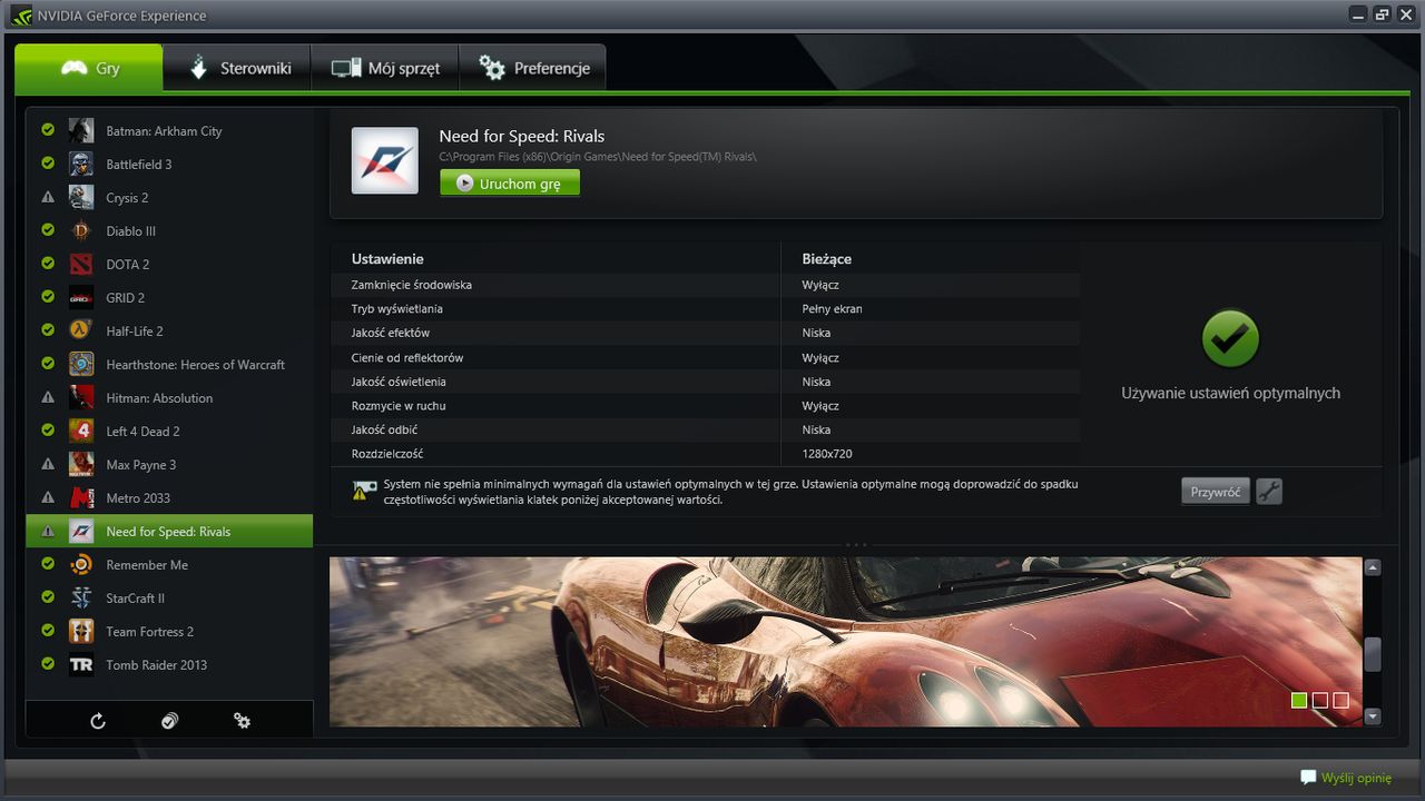 Optymalne opcje GeForce Experience dla Need for Speed Rivals