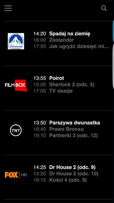 W aplikacji dostępny jest EPG, który pozwala się zorientować, co aktualnie można obejrzeć.