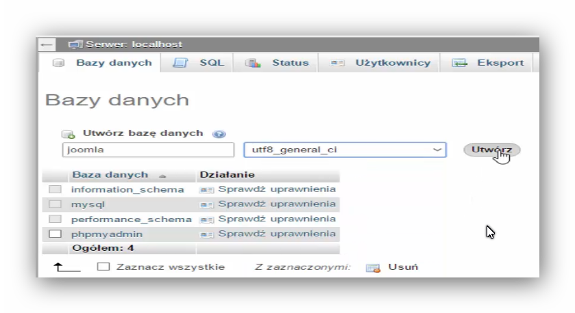 phpMyAdmin - tworzenie bazy danych