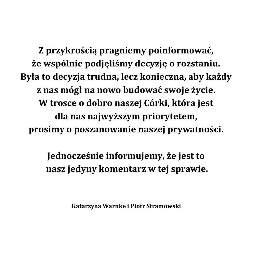 Kasia Warnke i Piotr Stramowski rozstali się. Oświadczenie
