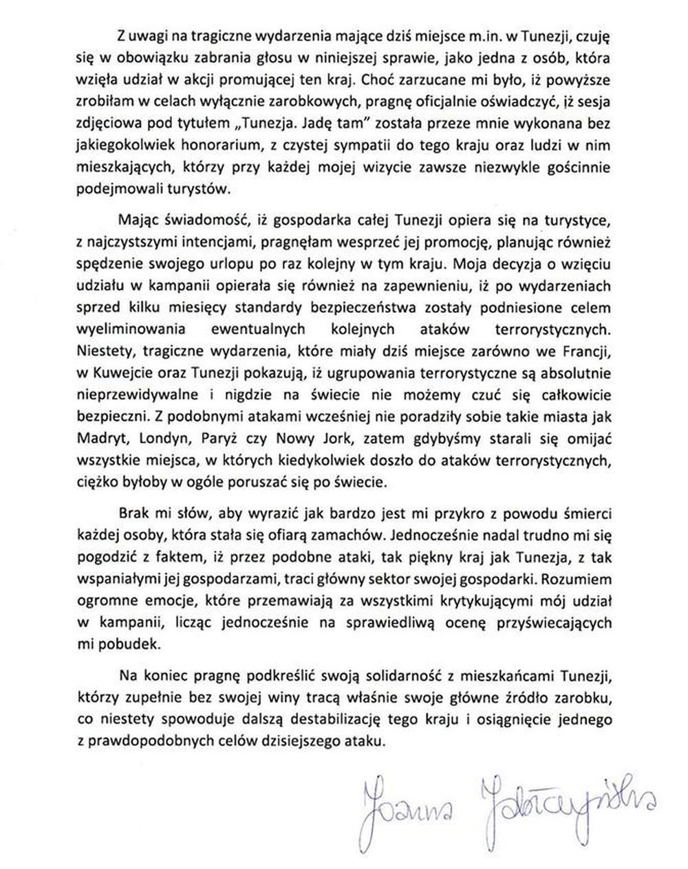 Oświadczenie Joanny Jabłczyńskiej 
Fot. JastrząbPost