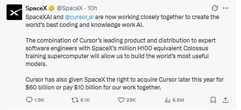 Wpis SpaceX na X