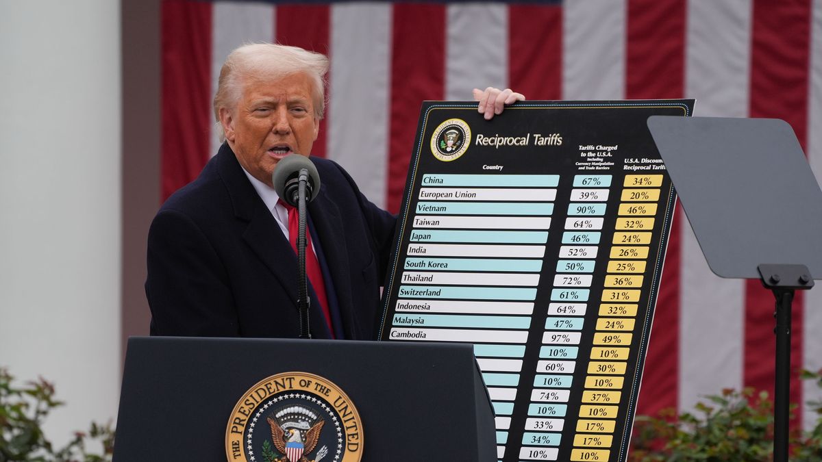 Washington, DC - April 2: President Donald Trump holds a chart
Washington, DC - April 2: President Donald Trump holds a chart as he announces a plan for tariffs on imported goods during an event Wednesday, April 2, 2025, in the Rose Garden at the White House. At right is Commerce Secretary Howard Lutnick. 

(Photo by Demetrius Freeman/The Washington Post via Getty Images)
The Washington Post