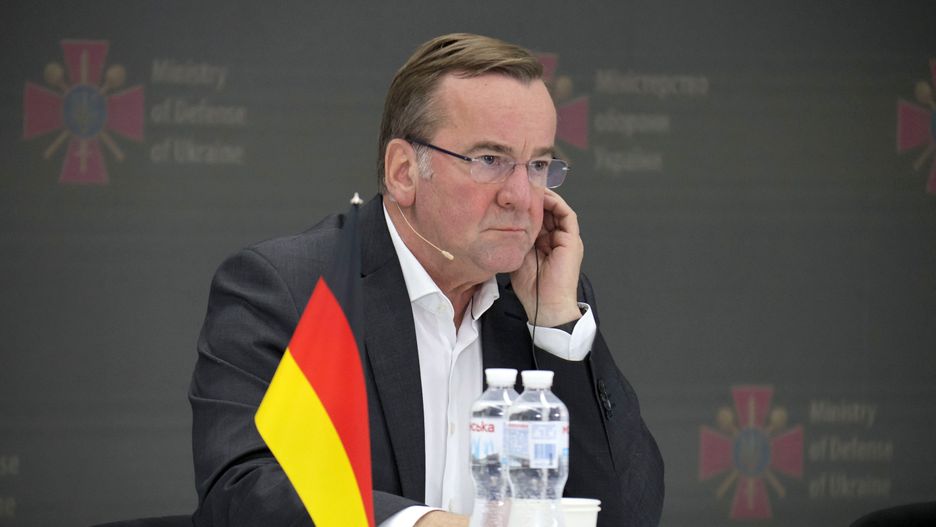 German Defense Minister Boris Pistorius is participating in a joint briefing with Ukrainian Defense Minister Rustem Umerov at the Military Media Center in Kyiv, Ukraine, on November 21, 2023. (Photo by Ukrinform/NurPhoto via Getty Images)