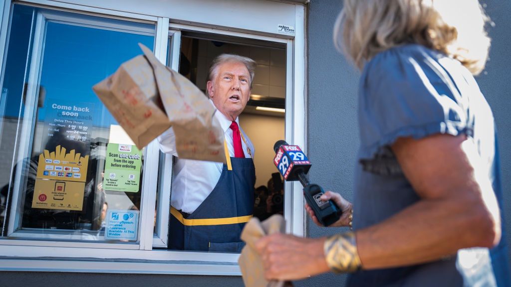 Trump McDonalds
Feasterville-Trevose, PA - October 20 : Republican presidential nominee former President Donald Trump speaks to reporters after handing out food while standing at a drive-thru window during a campaign stop at a McDonald's in Feasterville-Trevose, PA on Sunday, Oct. 20, 2024. (Photo by Jabin Botsford/The Washington Post via Getty Images)
The Washington Post