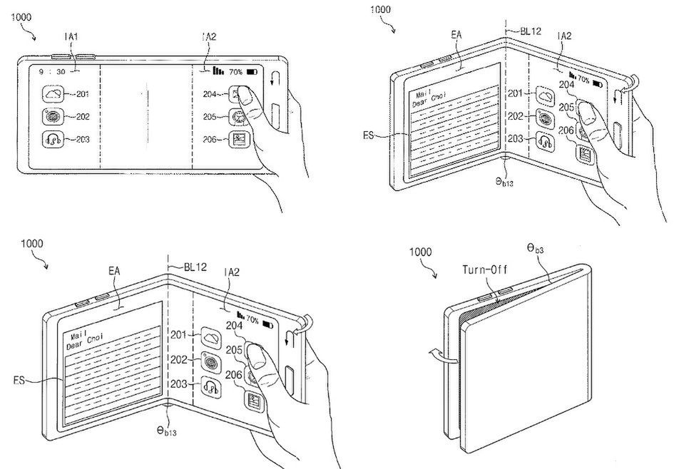 Ilustracje do nowego wniosku patentowego Samsunga, który dotyczy składanego smartfonu