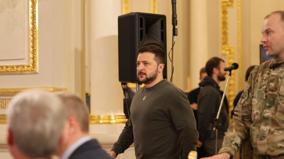 KYIV, UKRAINE - NOVEMBER 25: President of Ukraine Volodymyr Zelenskyi attends a joint press conference with President of Latvia Edgars Rinkevics (not pictured),  President of the Swiss Confederation Alain Berset (not pictured) and Prime Minister of Lithuania Ingrida Simonyte (not pictured), following the 'Grain from Ukraine' International summit meeting on November 25, 2023 in Kyiv, Ukraine. The second international summit on food security 'Grain From Ukraine' was held in Kyiv. Ukraine as one of the top global food suppliers launched this program on November 2022 for overcoming the worldwide food crisis, exacerbated by Russia's war against Ukraine. (Photo by Dmytro Larin /Global Images Ukraine via Getty Images)