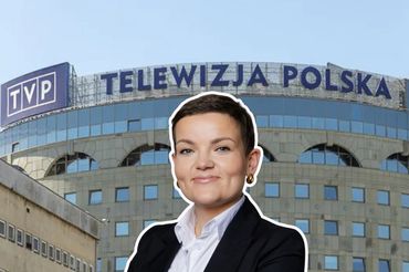 Ministra kultury Marta Cienkowska na tle siedziby TVP