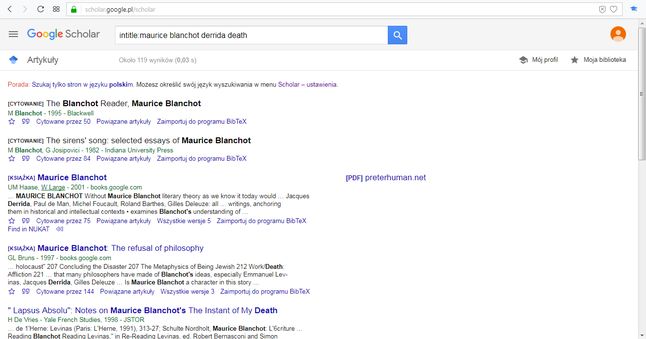 Lista z wynikami wyszukiwania w Google Scholar. Można zobaczyć linki Zaimportuj do BibTeX oraz Find in NUKAT