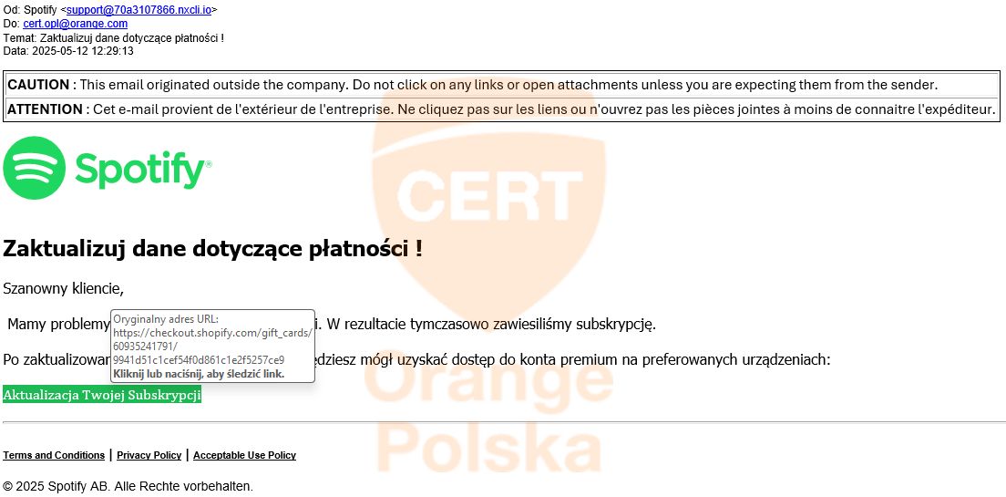 Fałszywy e-mail "od Spotify"