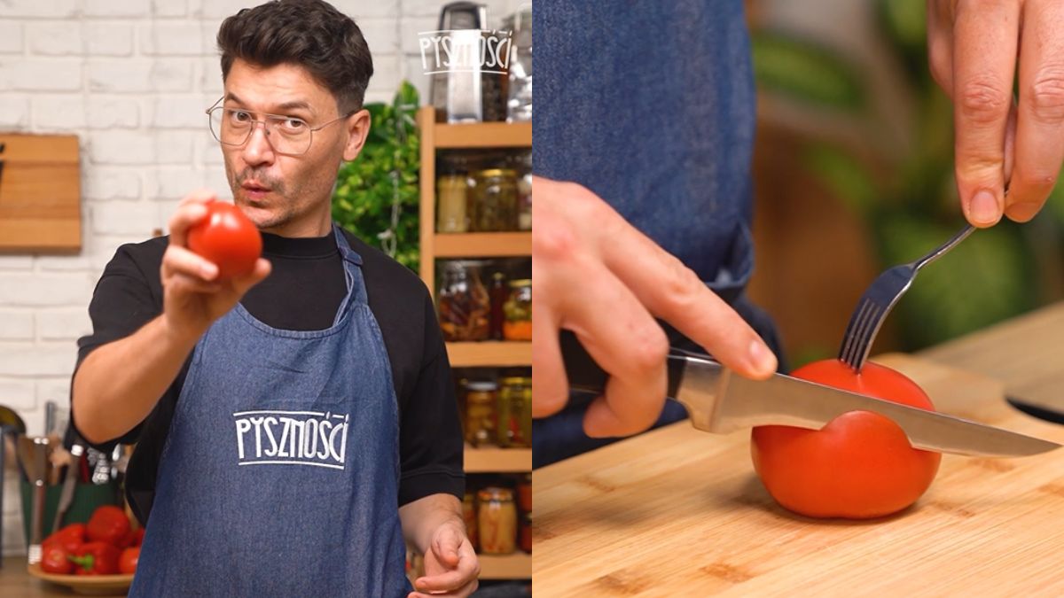 Seba testuje trik na krojenie pomidora przy pomocy widelca