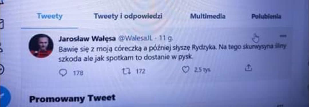 Wpis Jarosława Wałęsy został usunięty z Twittera we wtorek przed godziną 10:00. 