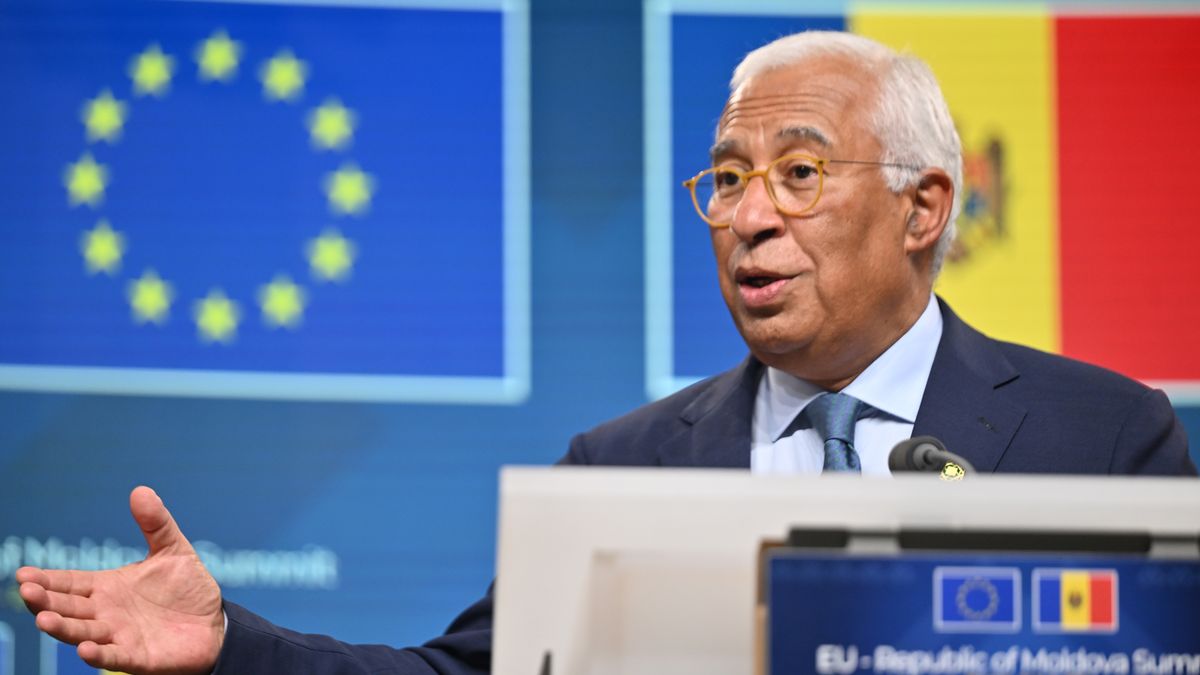 BRUSSELS, BELGIUM - JUNE 22: EU Council President Antonio Costa attends a joint press conference following the '2nd EU-Moldova Summit' alongside European Commission President Ursula von der Leyen and Moldovan President Maia Sandu in Brussels, Belgium on June 22, 2026. (Photo by Dursun Aydemir/Anadolu via Getty Images)