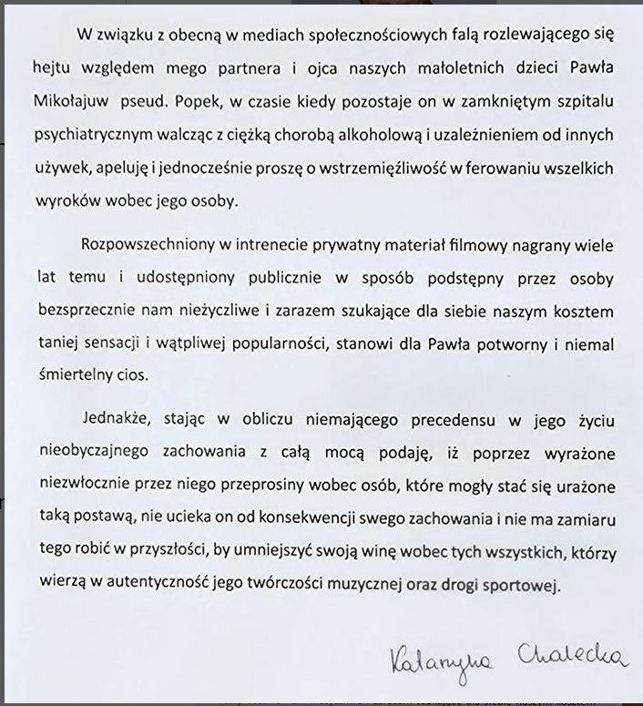 Oświadczenie partnerki Popka