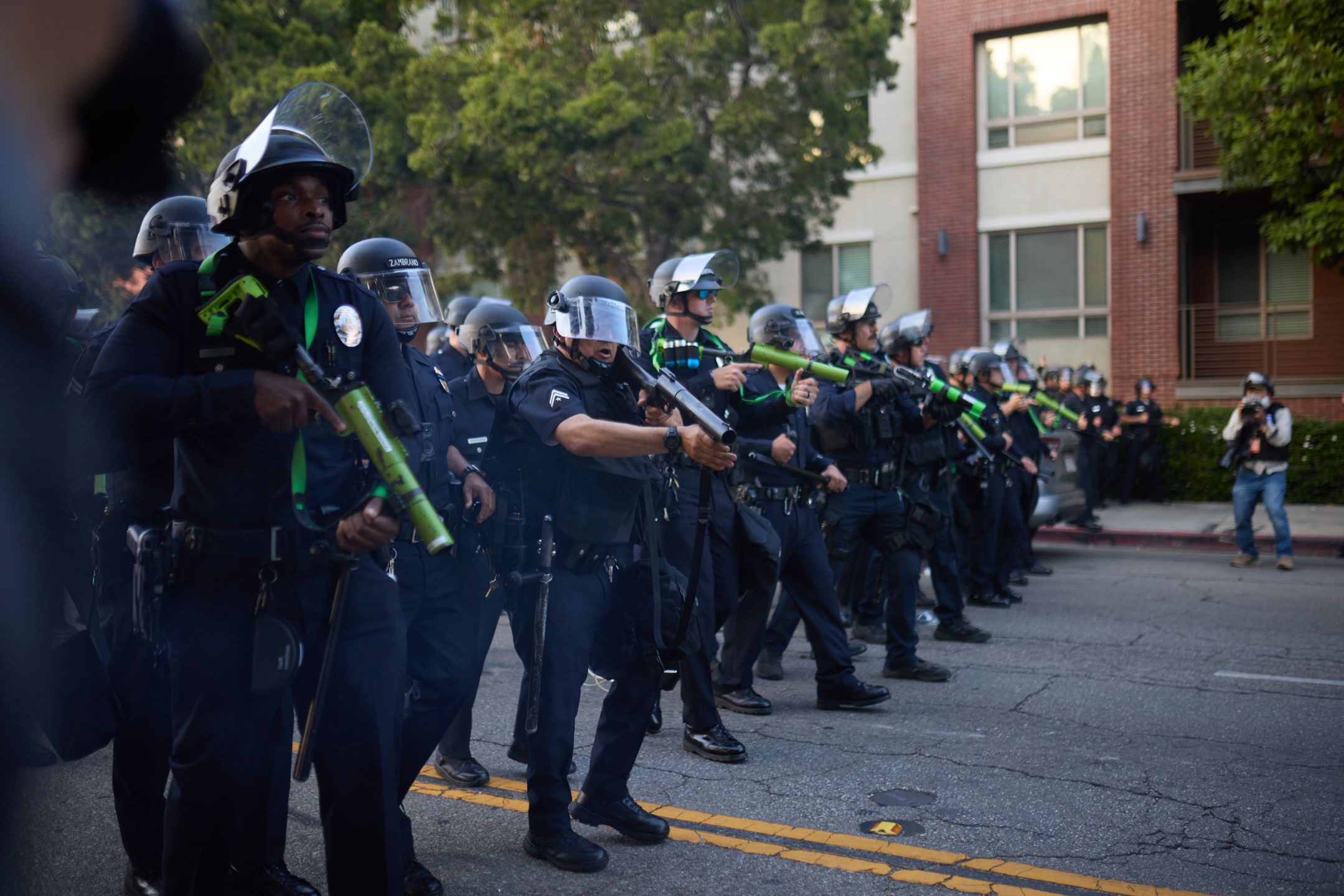 LOS ANGELES, CALIFORNIA - JUNE 9: Police and national guards take measures as thousands of anti-ICE protesters are gathered outside of the Federal Building in Los Angeles, California, United States on June 9, 2025 amid protests over immigration raids. (Photo by Taurat Hossain/Anadolu via Getty Images)