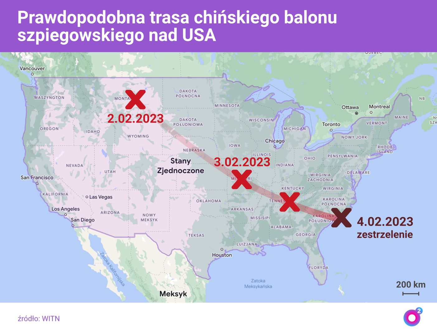 Trasa chińskiego balonu nad USA