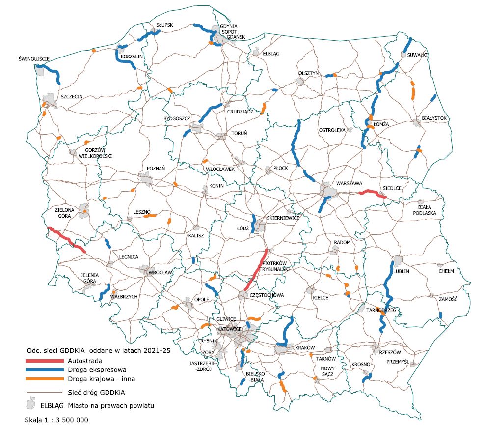 Mapa oddanych odcinków dróg krajowych w latach 2021-2025