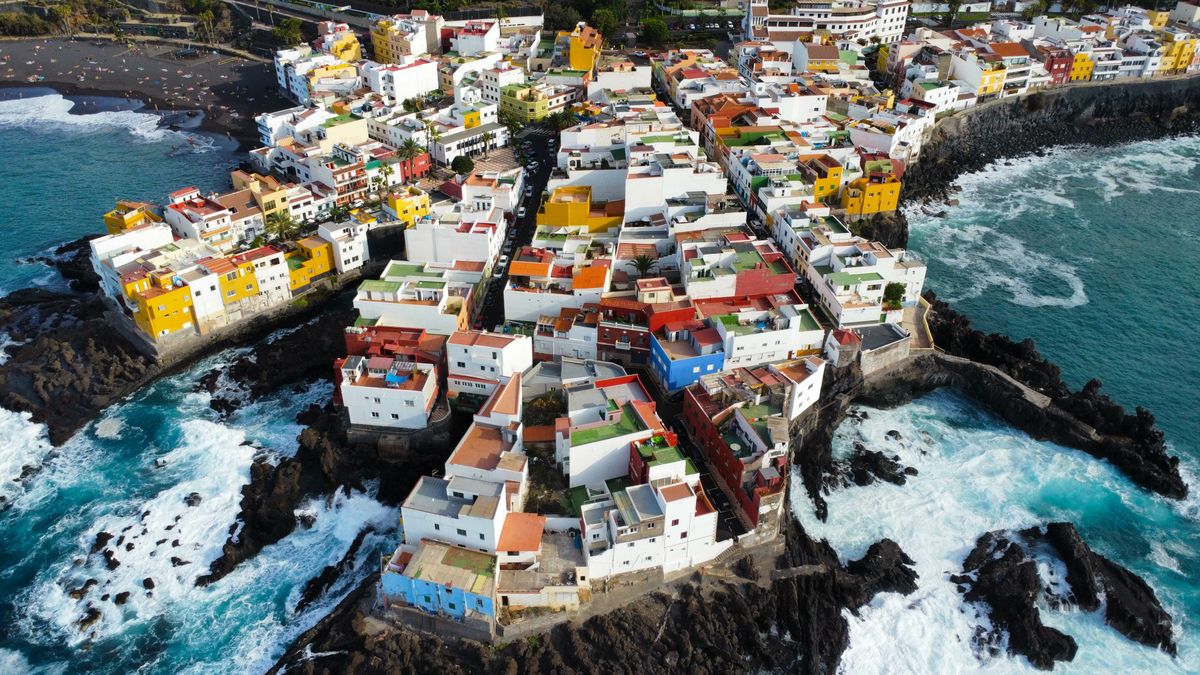 podróż, miasteczko, krajobraz miasta, panorama, krajobraz, morski, europa, dron, punta brava, budynki, fale, splash, canarias, wyspy kanaryjskie, wyspa