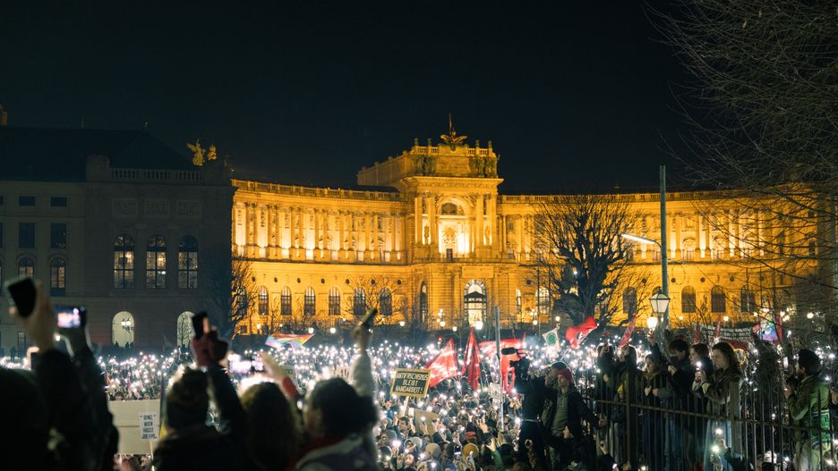 Demonstrators near the Federal Chancellery on Ballhausplatz in Vienna, Austria, on Thursday, Jan. 9, 2025. Austria's President Alexander Van der Bellen has given far-right leader Herbert Kickl a mandate to form a government, bringing Kickl one step closer to becoming chancellor. Photographer: Michaela Nagyidaiova/Bloomberg via Getty Images