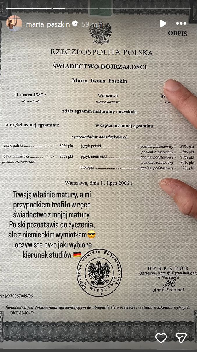 Świadectwo maturalne Marty Paszkin z "Rolnik szuka żony"