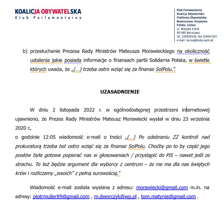 Zawiadomienie PO do prokuratury ws. maila premiera dotyczącym Zbigniewa Ziobry.