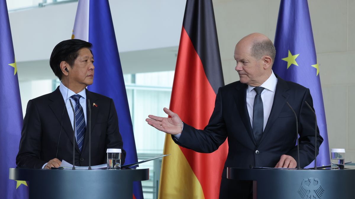 BERLIN, GERMANY - MARCH 12: German Chancellor Olaf Scholz (R) and Filipino President Ferdinand Marcos Jr. speak to the media following talks at the Chancellery on March 12, 2024 in Berlin, Germany. Scholz is receiving several southeast Asian leaders this week, including also from Thailand and Malaysia. The growing influence of China in the region is among topics for the meetings. (Photo by Sean Gallup/Getty Images)