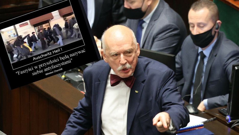 Janusz Korwin-Mikke na mównicy sejmowej (Fot. Jacek Dominski/REPORTER)