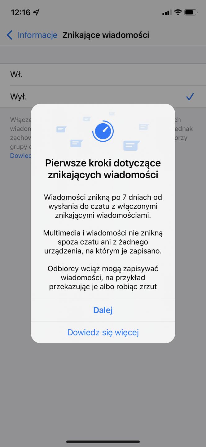 Informacje dotyczące znikających wiadomości w WhatsAppie