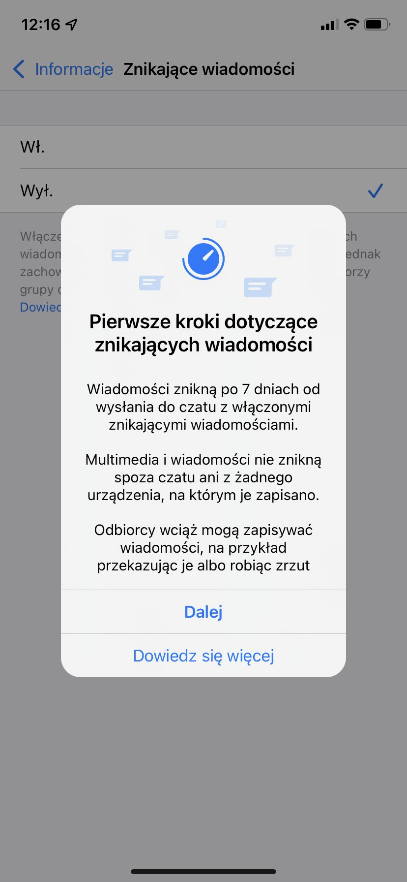 Informacje dotyczące znikających wiadomości w WhatsAppie