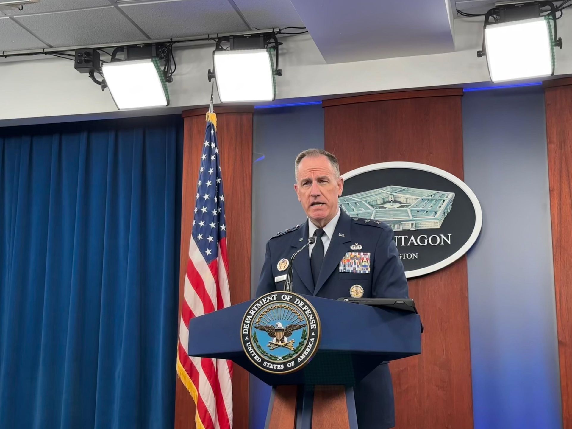 WASHINGTON DC, UNITED STATES - DECEMBER 21: Pentagon spokesperson Patrick Ryder delivers a speech during the press conference in Washington DC, United States on December 21, 2023.
 (Photo by Can Hasasu/Anadolu via Getty Images)