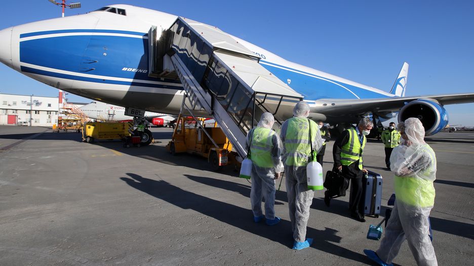 MOSCOW REGION, RUSSIA - MARCH 25, 2020: Disinfecting a Boeing 747 cargo aircraft of the AirBridgeCargo Airlines at Sheremetyevo International Airport amid the COVID-19 coronavirus pandemic. Marina Lystseva/TASS (Photo by Marina Lystseva\TASS via Getty Images)