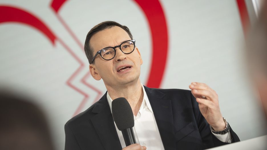 Former Prime Minister Mateusz Morawiecki is seen speaking at a Law and Justice party meeting in Warsaw, Poland on 19 March, 2024. (Photo by Jaap Arriens/NurPhoto via Getty Images)