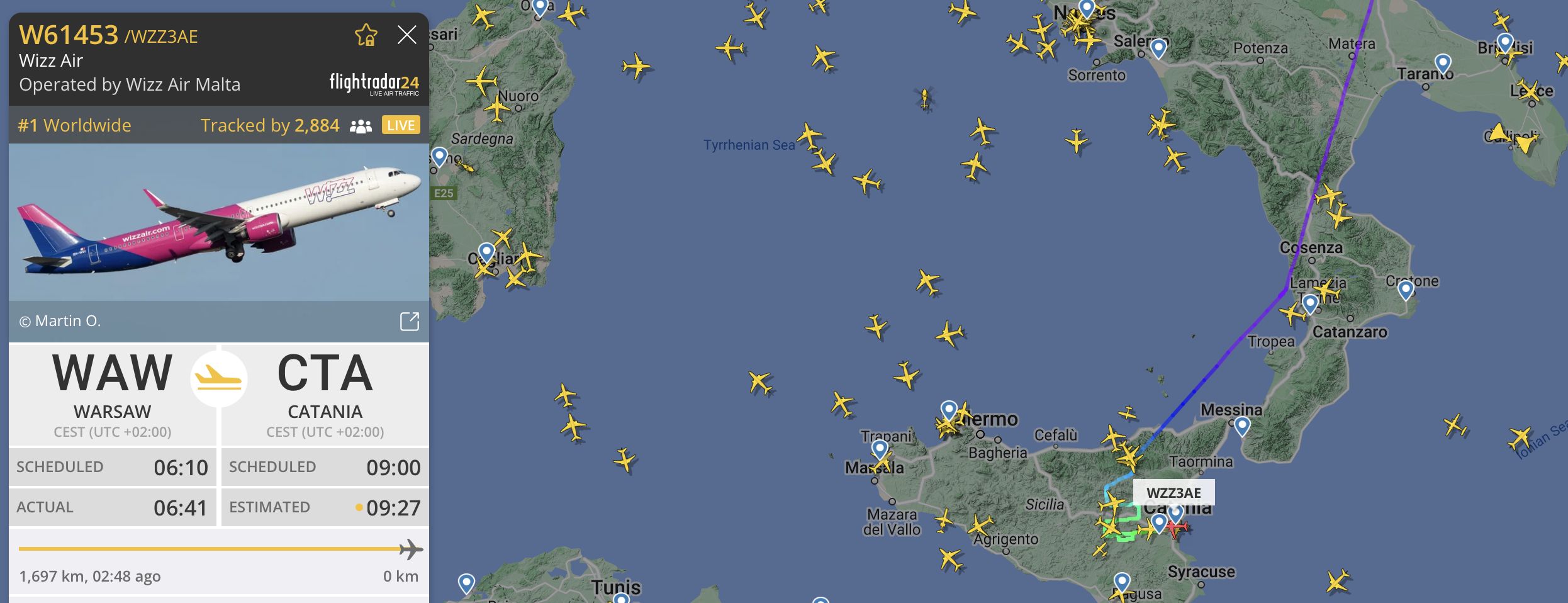 Lot W6 1453 z Warszawy do Katanii na Sycylii wyleciał z Polski po godz. 6.00