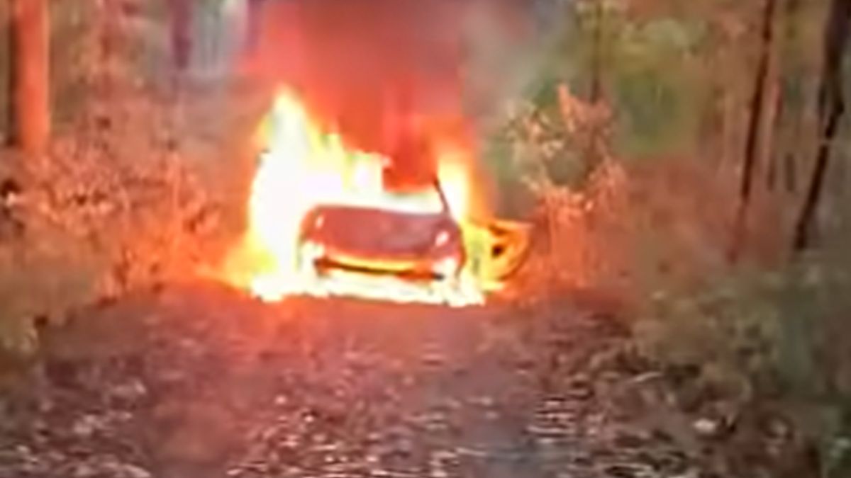 Płonące audi w lesie.