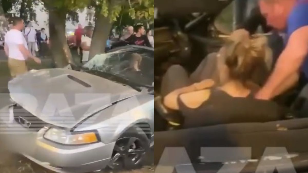 Na zdjęciu po lewej: rozbity Ford Mustang, po prawej kobieta z auta