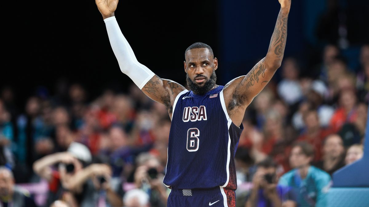 PARIS, FRANCE - AUGUST 06: LeBron James #6 of Team USA reacts during the Men's Quarterfinal match between Team Brazil and Team USA on day eleven of the Olympic Games Paris 2024 at Bercy Arena on August 6, 2024 in Paris, France.  (Photo by Carmen Mandato/Getty Images)