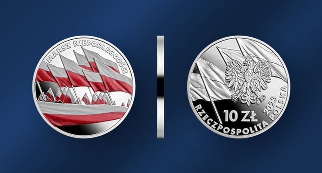 Marsz Niepodległości na srebrnej monecie kolekcjonerskiej NBP