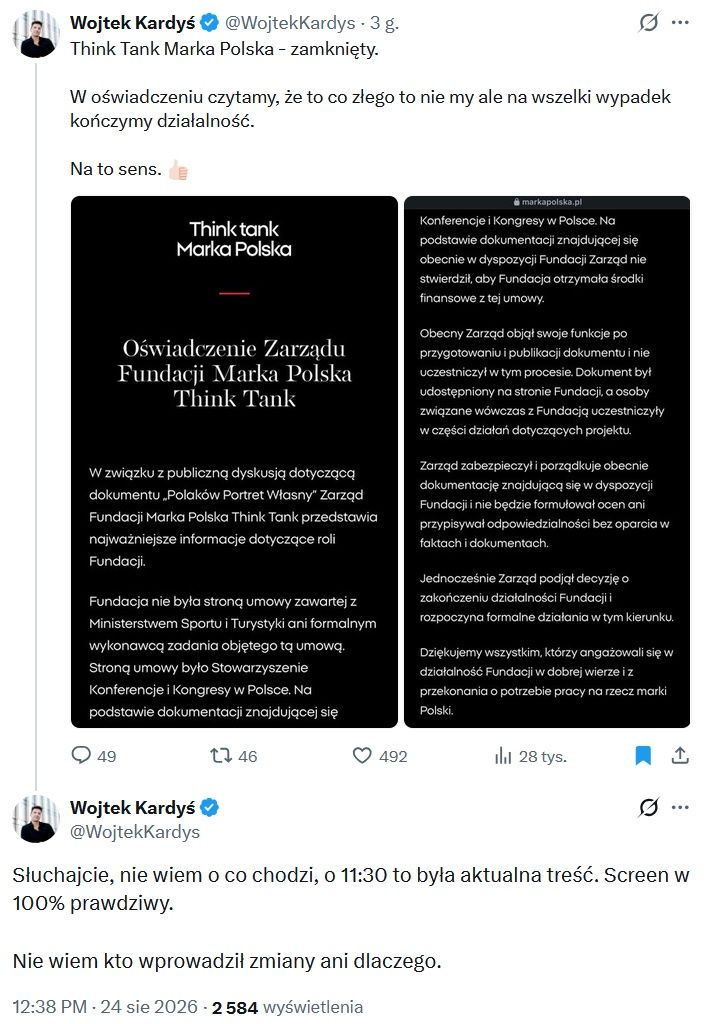 Wpisy z oświadczeniem zarządu Fundacji Marka Polska Think Tank
