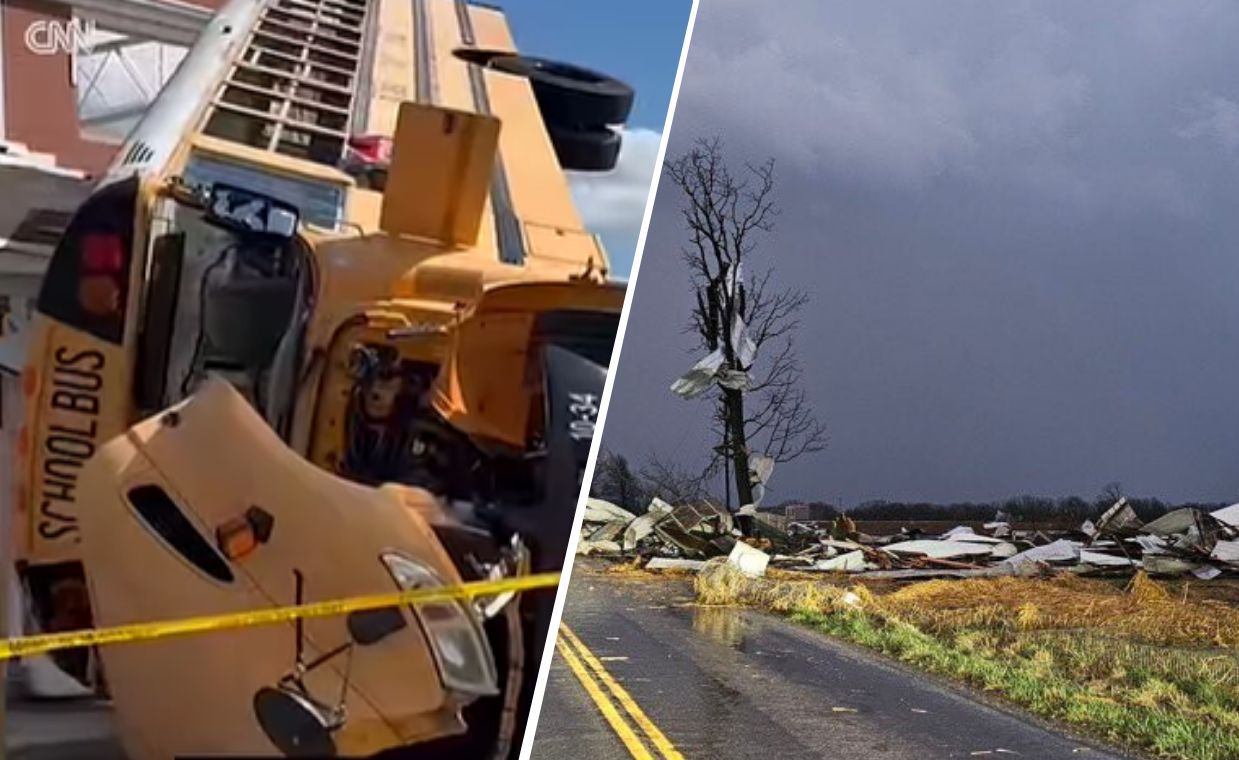 The school bus hit the high school building.