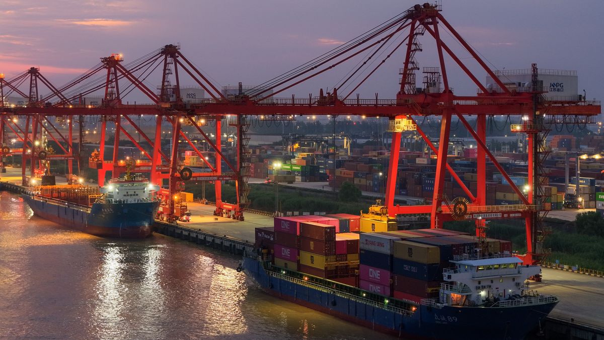 NANJING, CHINA - JUNE 9, 2026 - A cargo ship was loaded and unloaded containers in Longtan Port Area in Nanjing City, Jiangsu Province, China on the early morning of June 9, 2026. (Photo credit should read CFOTO/Future Publishing via Getty Images)