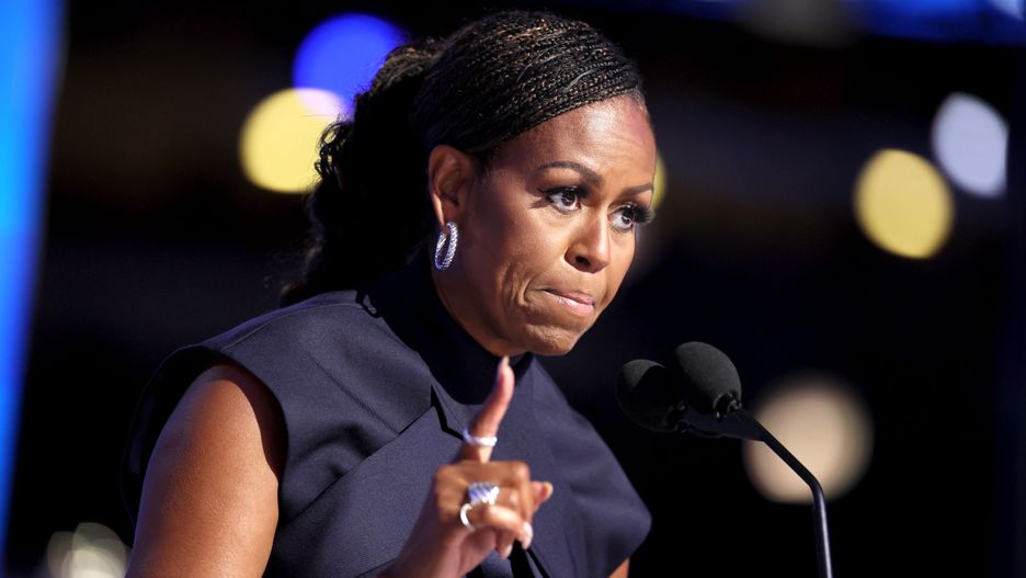 DNC CHICAGO, IL AUGUST 20, 2024  Former first lady Michelle Obama speaks during the Democratic National Convention Tuesday, Aug. 20, 2024, in Chicago. (Robert Gauthier/Los Angeles Times via Getty Images)