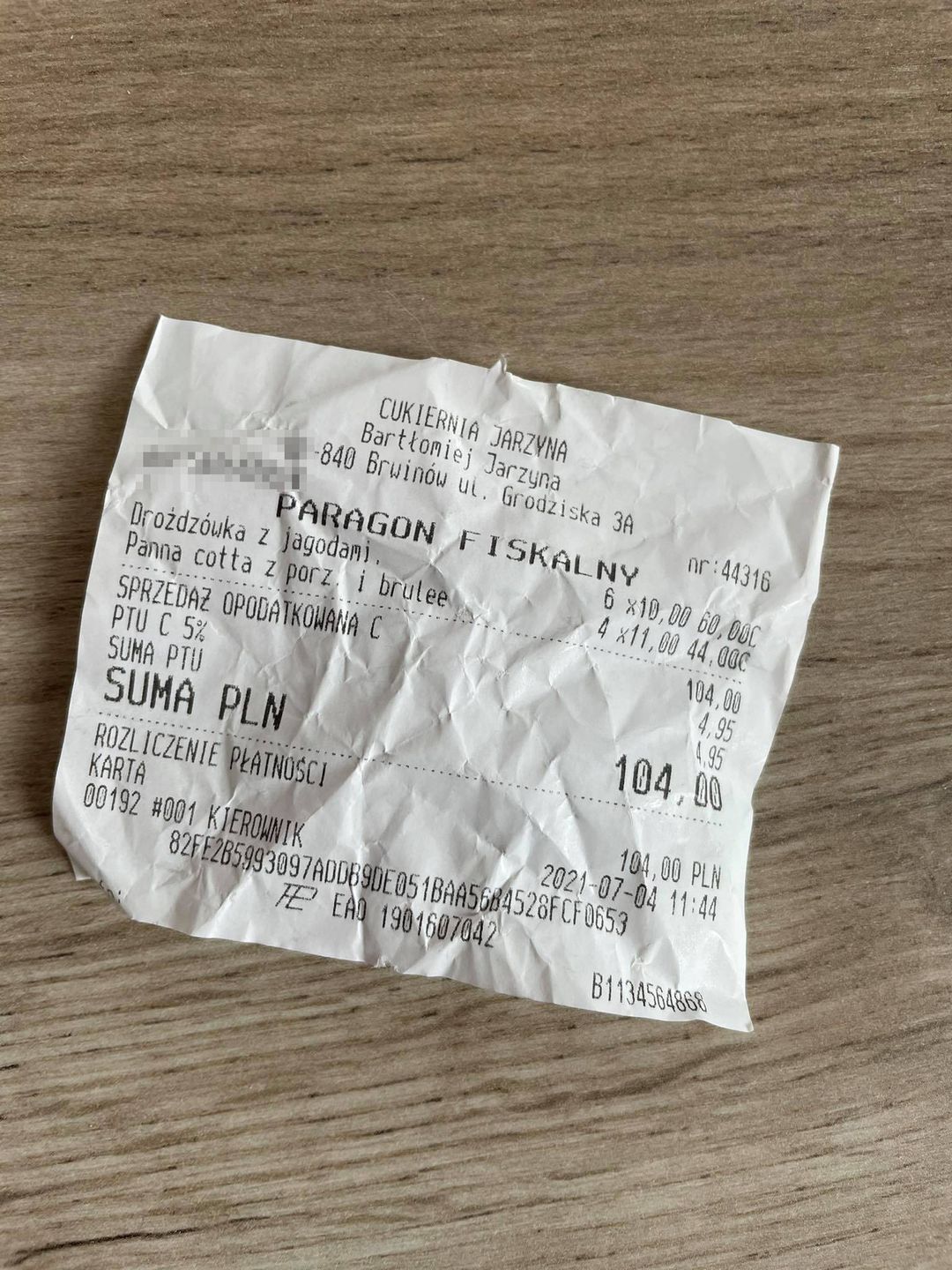 Paragon z cukierni Jarzyna