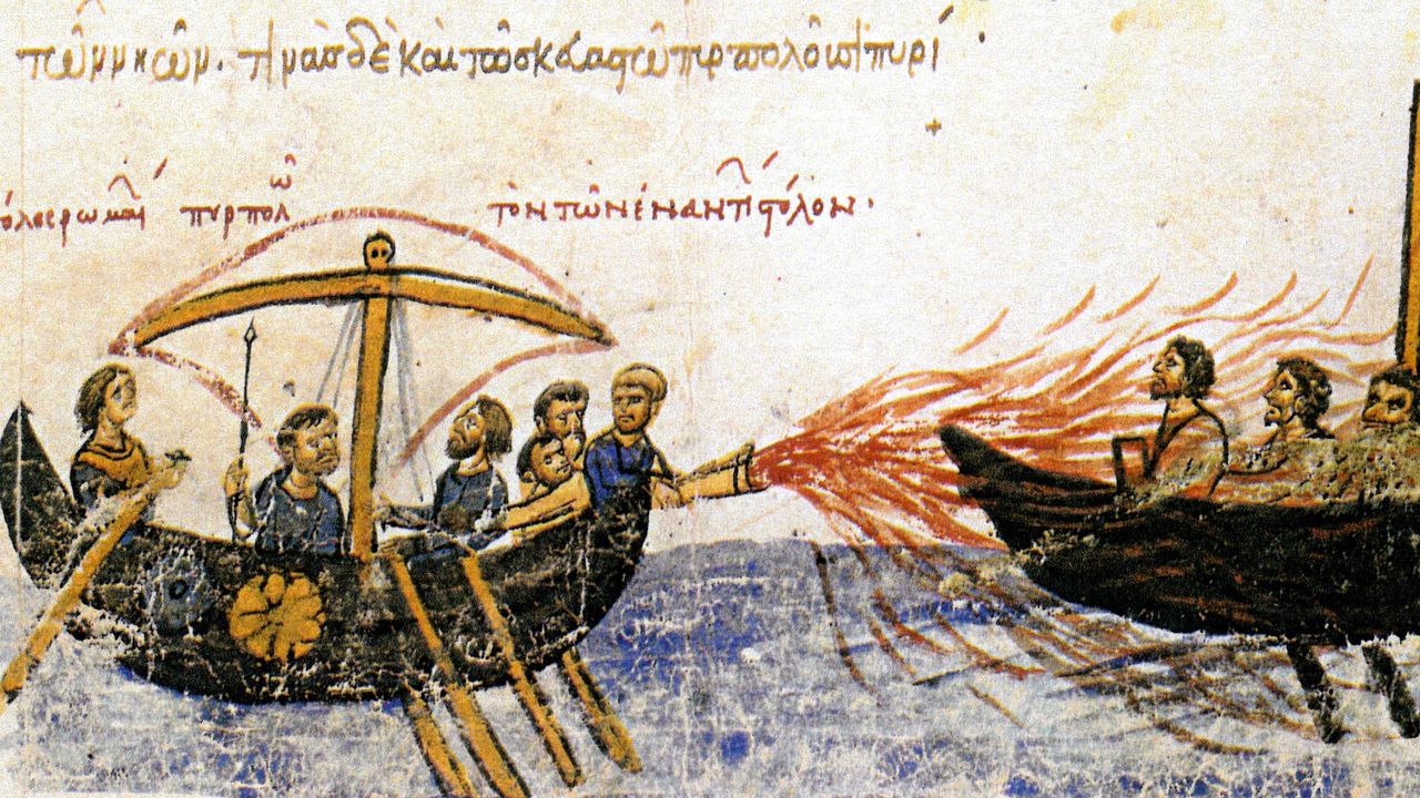 Ogień grecki - ilustracja z XII wieku (Fot. Wikimedia Commons)