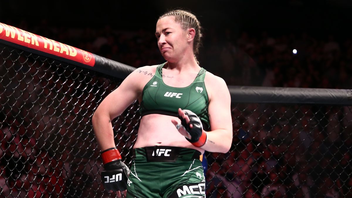 Molly McCann celebrates after knocking out Hannah Goldy during their flyweight bout at ESPN Fight Night 108 at the O2 Arena, Greenwich on Saturday 23rd July 2022.  (Photo by Kieran Riley/MI News/NurPhoto via Getty Images)